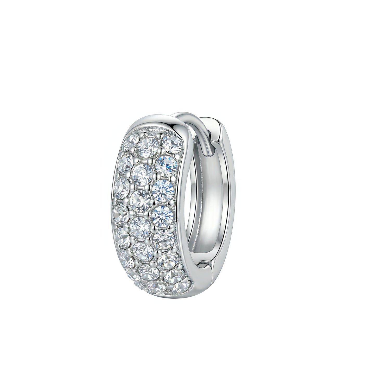 Jewellery 4 Elegance white gold plated huggie hoop earrings featuring shimmering pavé-set clear cubic zirconia gemstones on a clean white background.