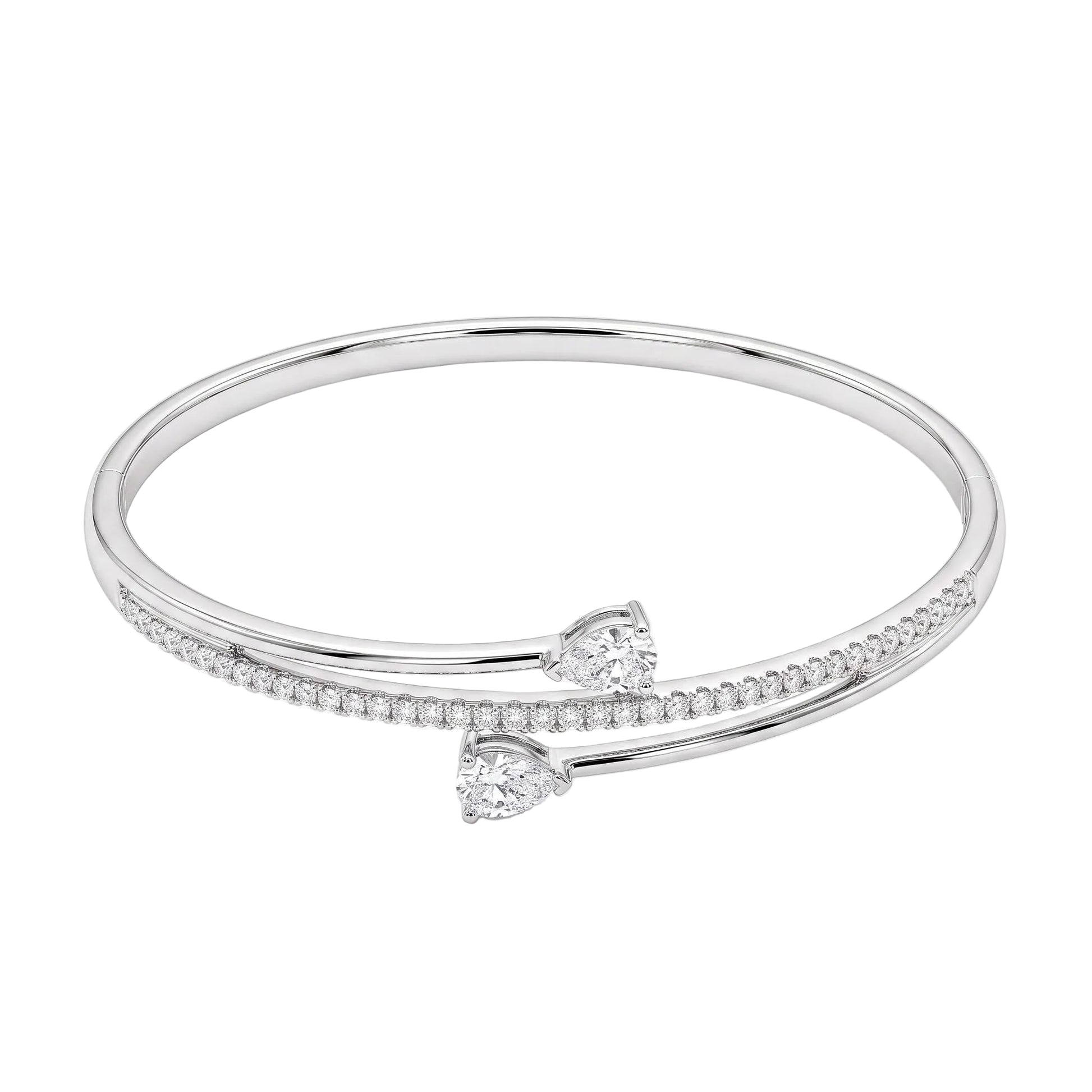White gold crossover bangle bracelet with two pear-cut cubic zirconia, a row of round cubic zirconia and a concealed clasp from the Jewellery 4 Elegance collection.