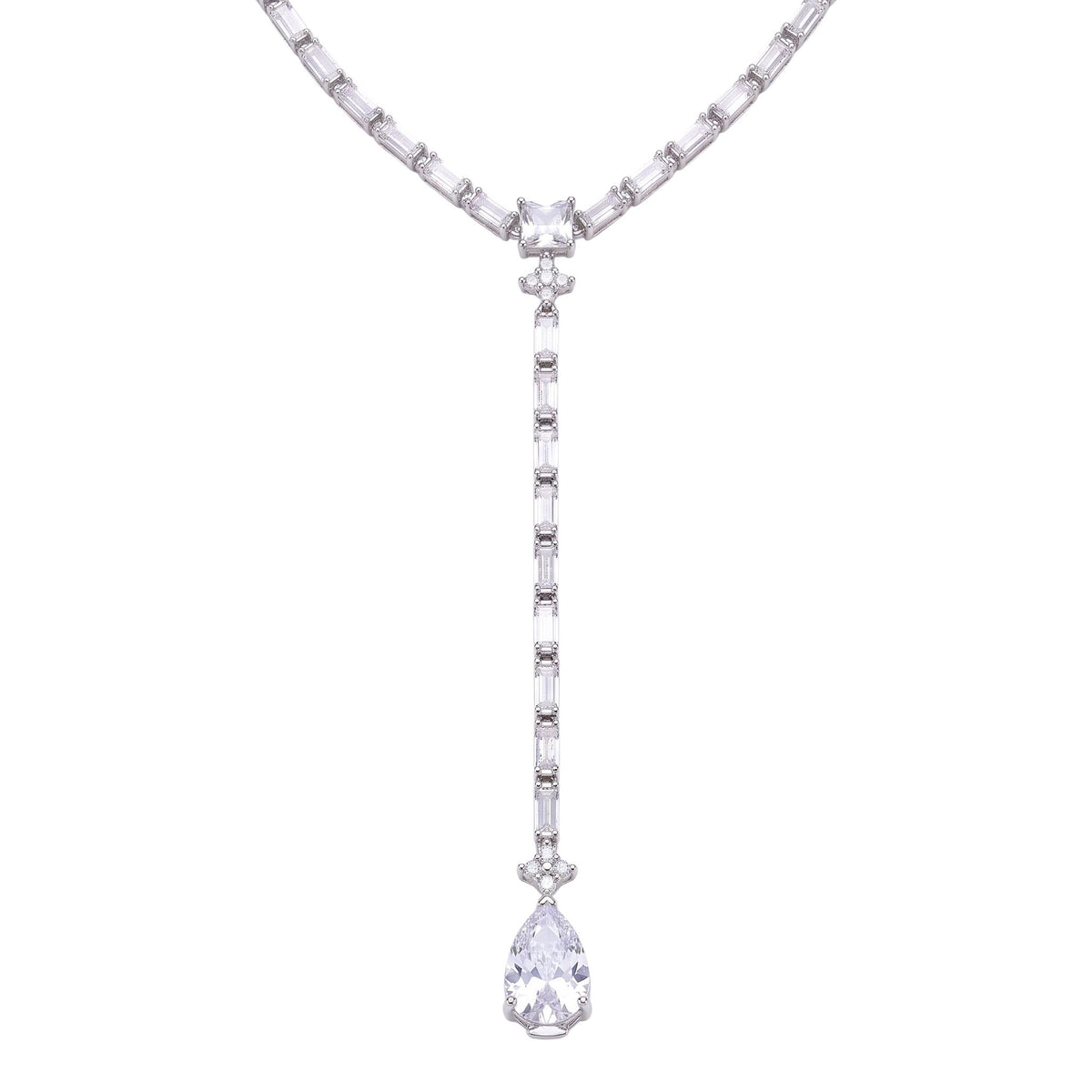 A white gold Y-necklace featuring a multi-row baguette chain and a long drop pendant with a pear-cut clear gemstone from the Jewellery 4 Elegance collection, set against a plain white background.
