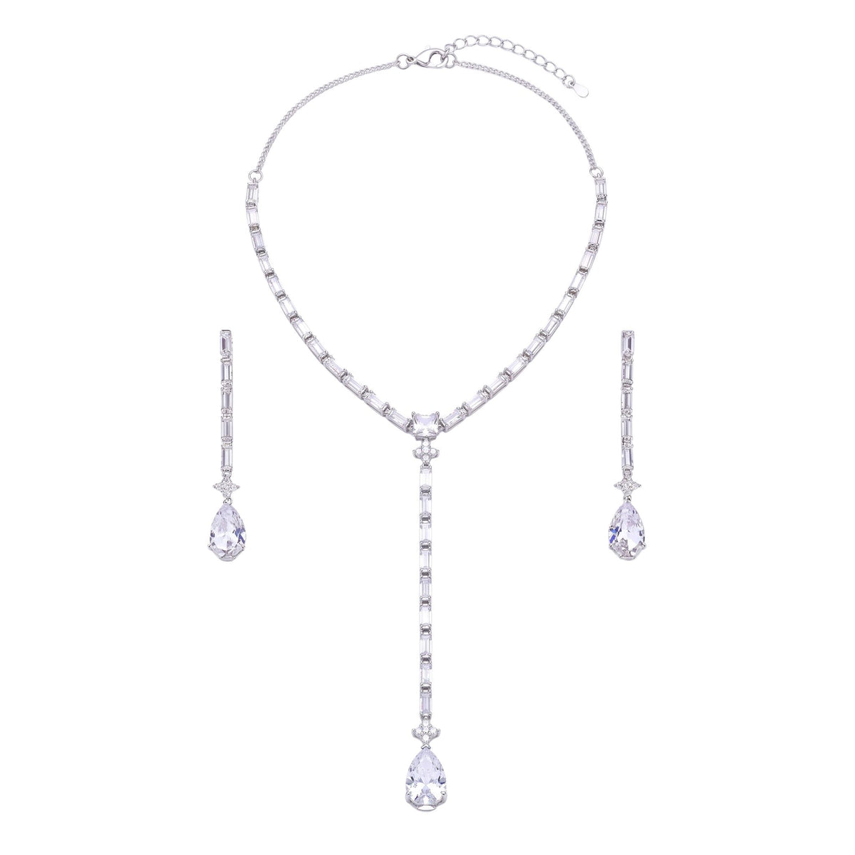 White gold plated lariat necklace with rectangular and pear-shaped cubic zirconia stones and matching drop earrings from the Jewellery 4 Elegance collection, set on a white background.