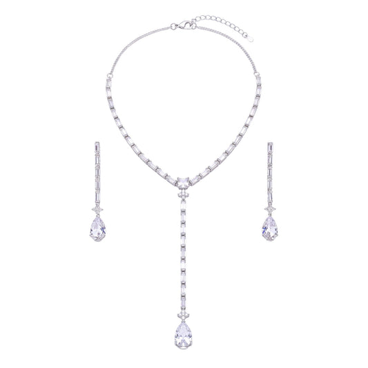 White gold plated lariat necklace with rectangular and pear-shaped cubic zirconia stones and matching drop earrings from the Jewellery 4 Elegance collection, set on a white background.