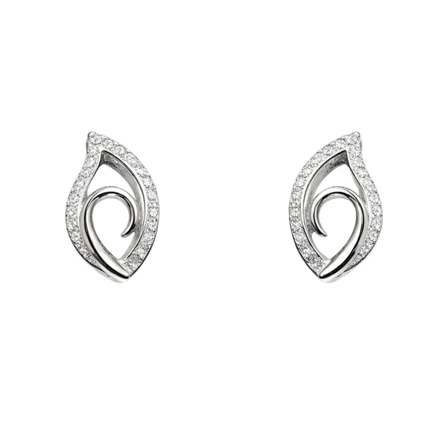 A pair of premium white gold plated stud earrings shaped like abstract leaves, adorned with sparkling pavé cubic zirconia along the outer edges and a polished inner metal swirl, isolated on a solid white background.