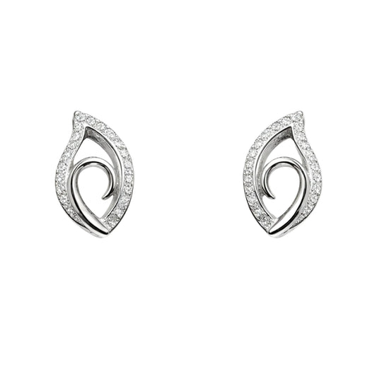 A pair of premium white gold plated stud earrings shaped like abstract leaves, adorned with sparkling pavé cubic zirconia along the outer edges and a polished inner metal swirl, isolated on a solid white background.