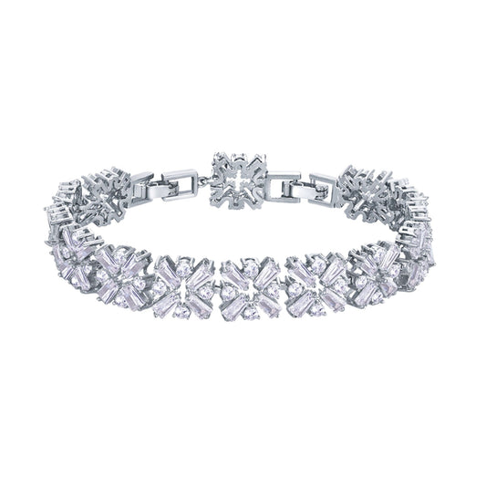 A charming white gold plated link bracelet featuring contemporary geometric floral-style links embedded with shimmering baguette and round cubic zirconia from the Jewellery 4 Elegance collection.