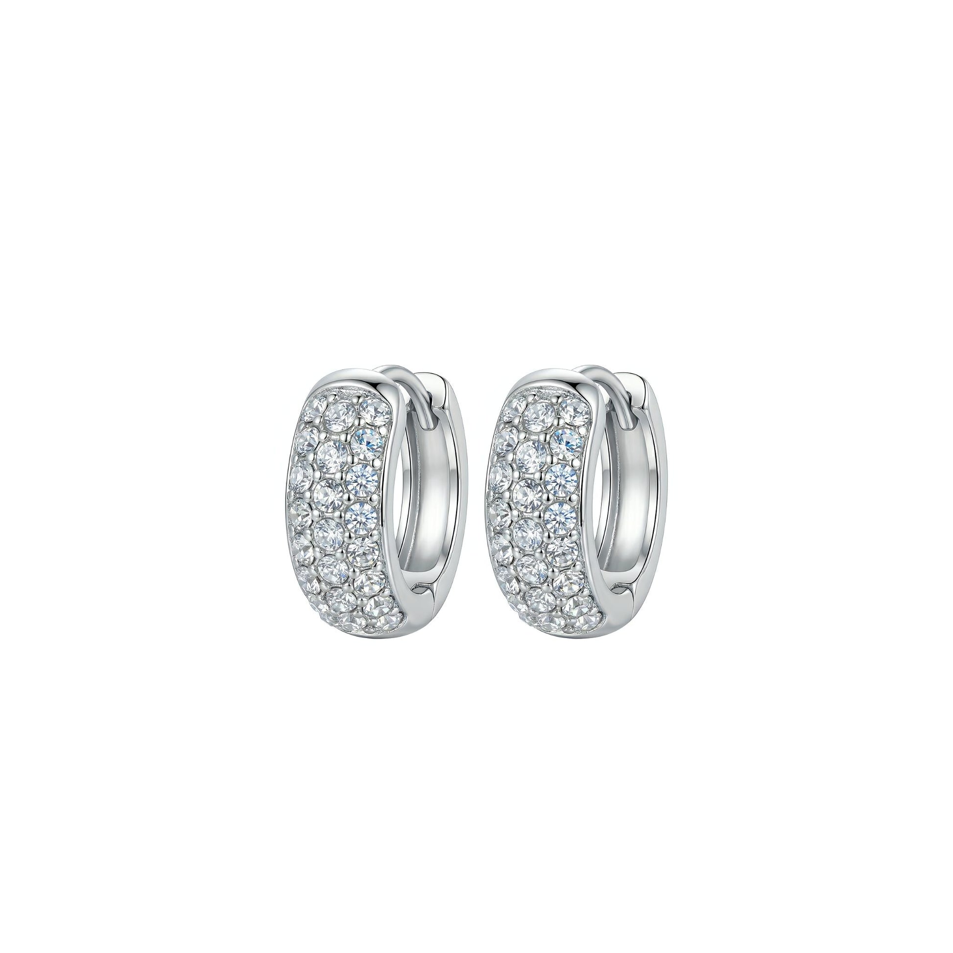 Jewellery 4 Elegance white gold plated huggie hoop earrings featuring rows of shimmering pavé-set clear cubic zirconia gemstones on a clean white background.