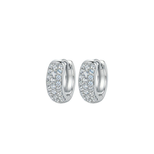 Jewellery 4 Elegance white gold plated huggie hoop earrings featuring rows of shimmering pavé-set clear cubic zirconia gemstones on a clean white background.